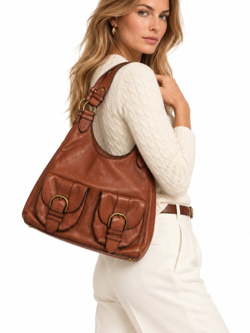 Banana Republic Cognac Brown Leather Hobo Shoulder Bag Buckle Pockets Fall 07